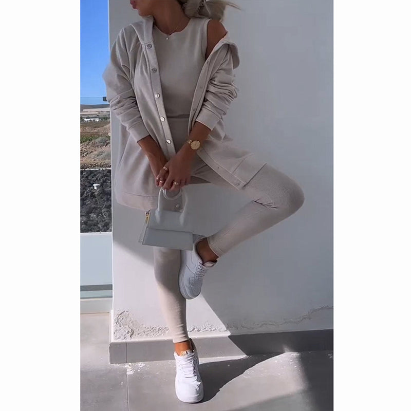 Hooded Cardigan, Vest, Leggings ,Three-piece Set