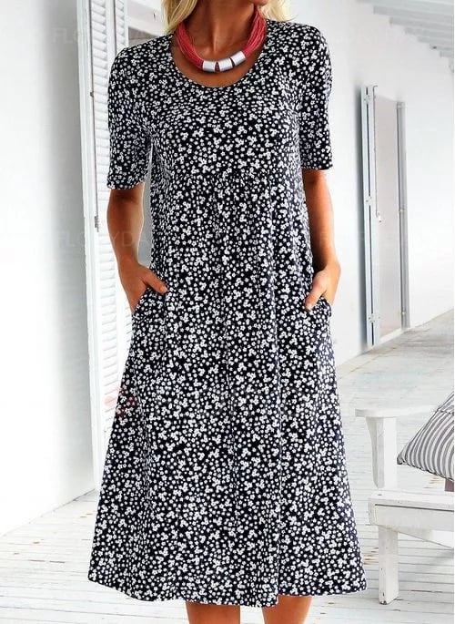 🌸2025 NEW SALES - 50% OFF🌸Casual Women Cotton Scoop Neck Floral Dress (8 Colors with Pockets)
