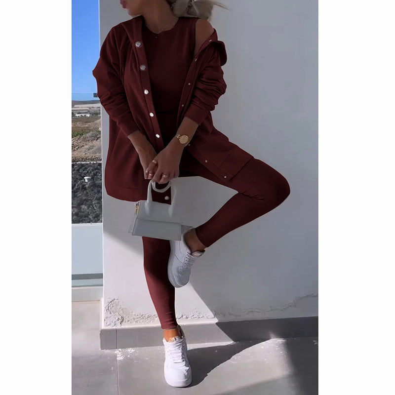 Hooded Cardigan, Vest, Leggings ,Three-piece Set