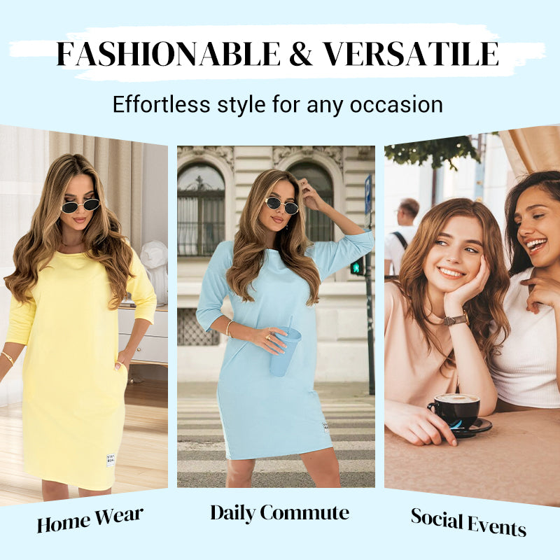 🔥 SUMMER SPECIAL Round Neck 3/4 Sleeve Dress with Pockets