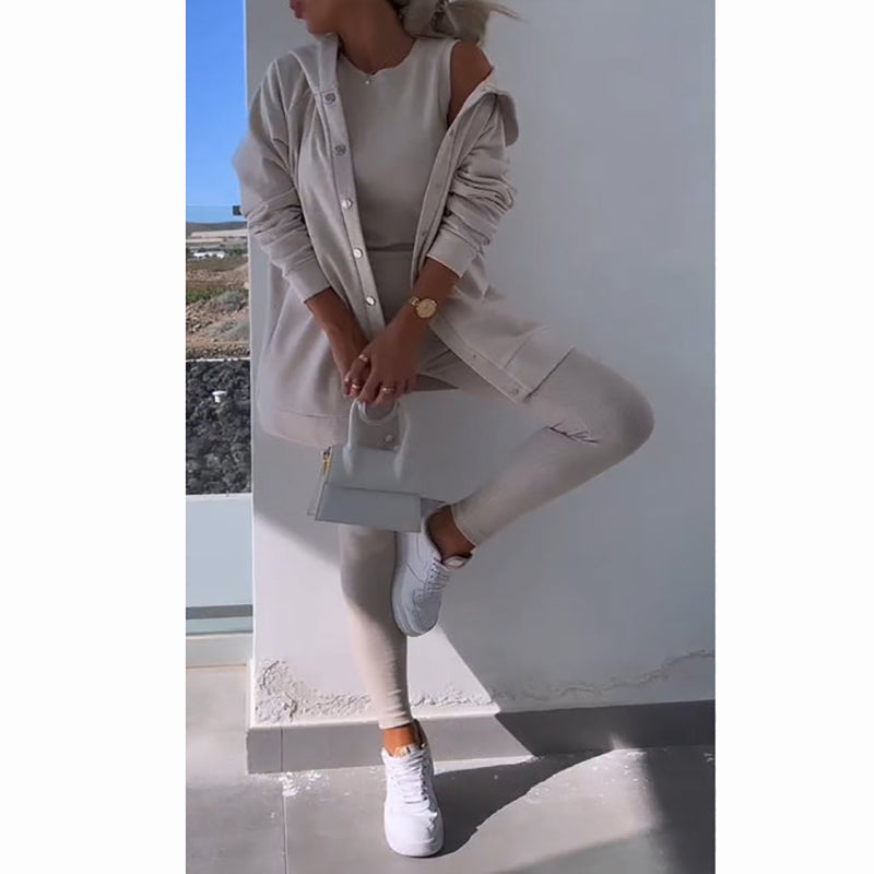 Hooded Cardigan, Vest, Leggings ,Three-piece Set