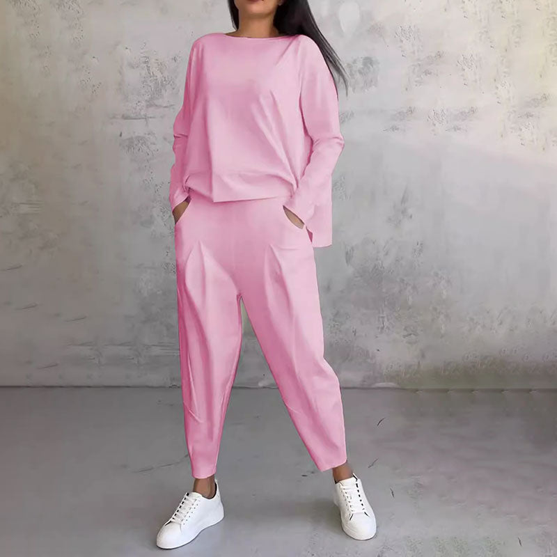 Round-Neck Long-Sleeved Top & Pants 2-Piece Set