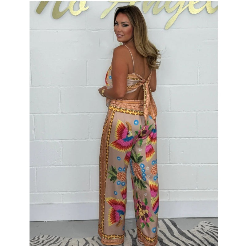 💝 Holiday Wardrobe💝-Spaghetti Strap Printed Top & Loose Women's Pants 2-Piece Set
