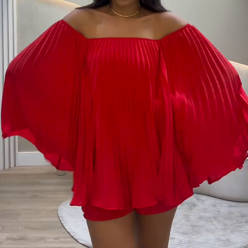 Pleated Off-Shoulder Top & Shorts 2-Piece Set
