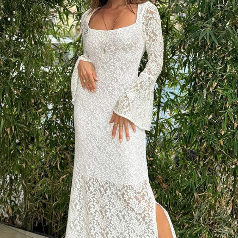 🌸Spring Specials💐 Lace Flared Sleeves Split Hem Waisted Dress