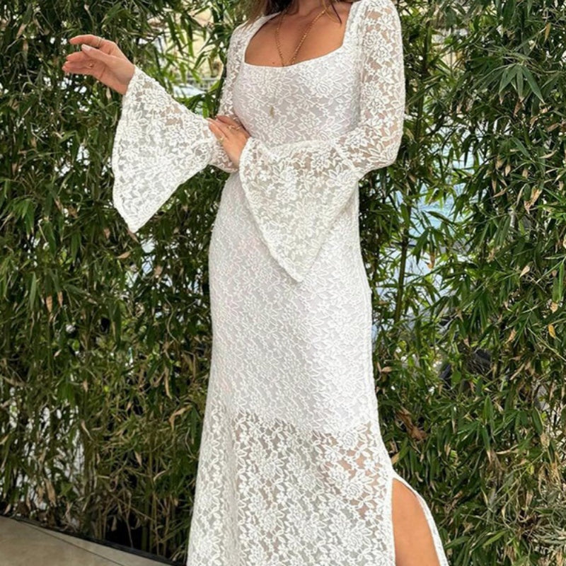 🌸Spring Specials💐 Lace Flared Sleeves Split Hem Waisted Dress