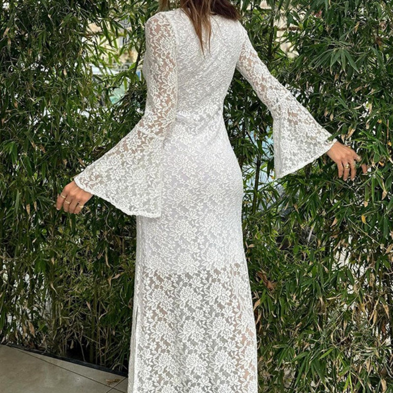 🌸Spring Specials💐 Lace Flared Sleeves Split Hem Waisted Dress