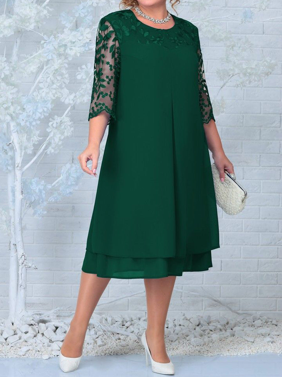 🌸Spring Specials💐 Women's Embroidered Chiffon Splicing Round Neck Dress