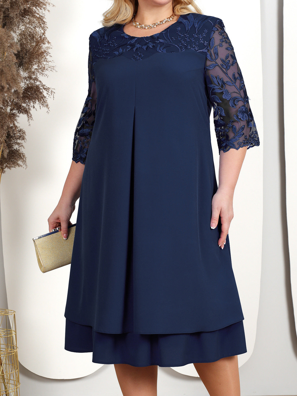 🌸Spring Specials💐 Women's Embroidered Chiffon Splicing Round Neck Dress