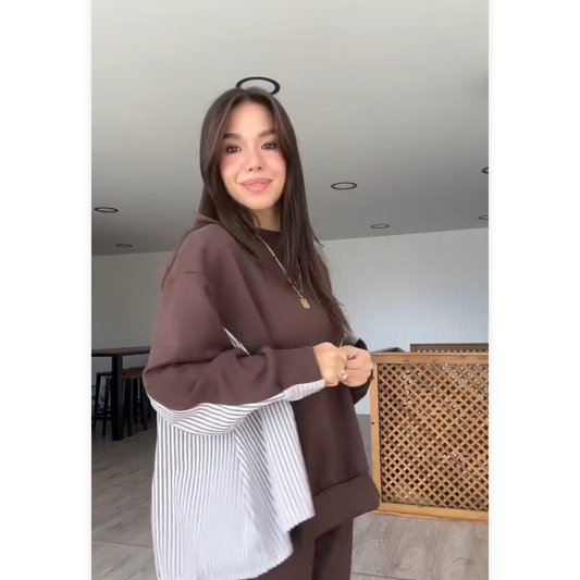 Women's Round Neck Patchwork Top & Wide-Leg Pants 2-PCS Set