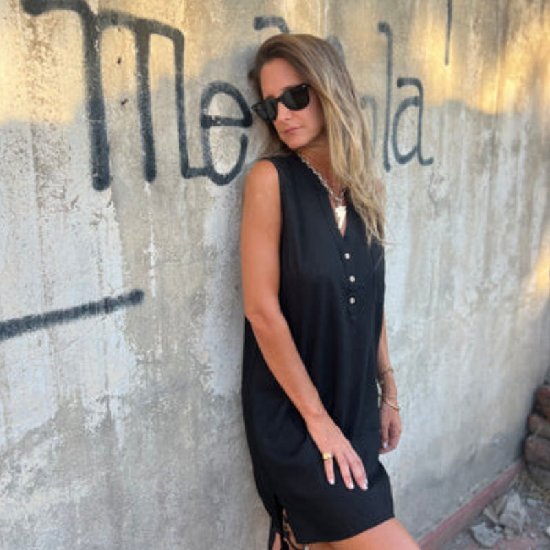 💖Limited Sale 50% OFF💖Women's Sleeveless Button Pocket V-Neck Dress