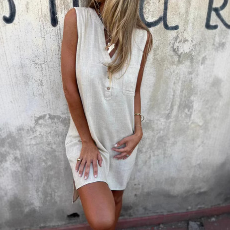 💖Limited Sale 50% OFF💖Women's Sleeveless Button Pocket V-Neck Dress