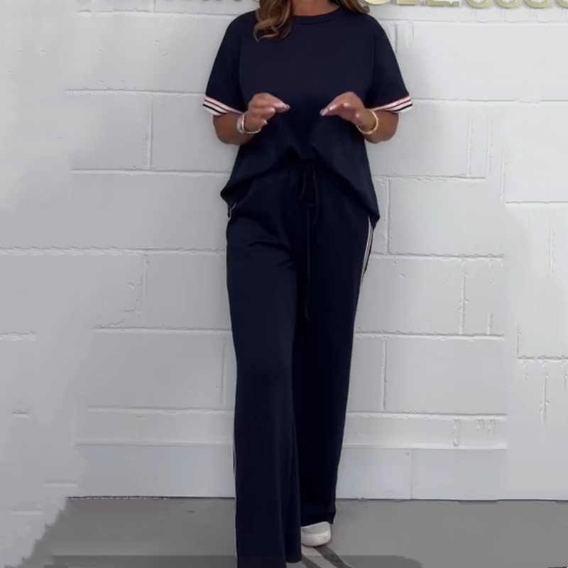 🔥2025 New - ❤️ Side Stripe Short Sleeve T-Shirt and Wide Leg Pants Casual Two Piece Set