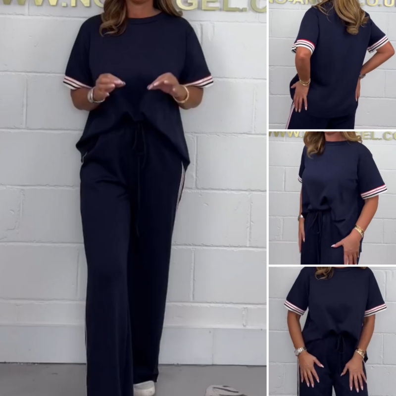 🔥2025 New - ❤️ Side Stripe Short Sleeve T-Shirt and Wide Leg Pants Casual Two Piece Set