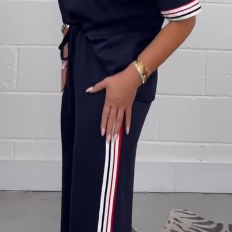 🔥2025 New - ❤️ Side Stripe Short Sleeve T-Shirt and Wide Leg Pants Casual Two Piece Set