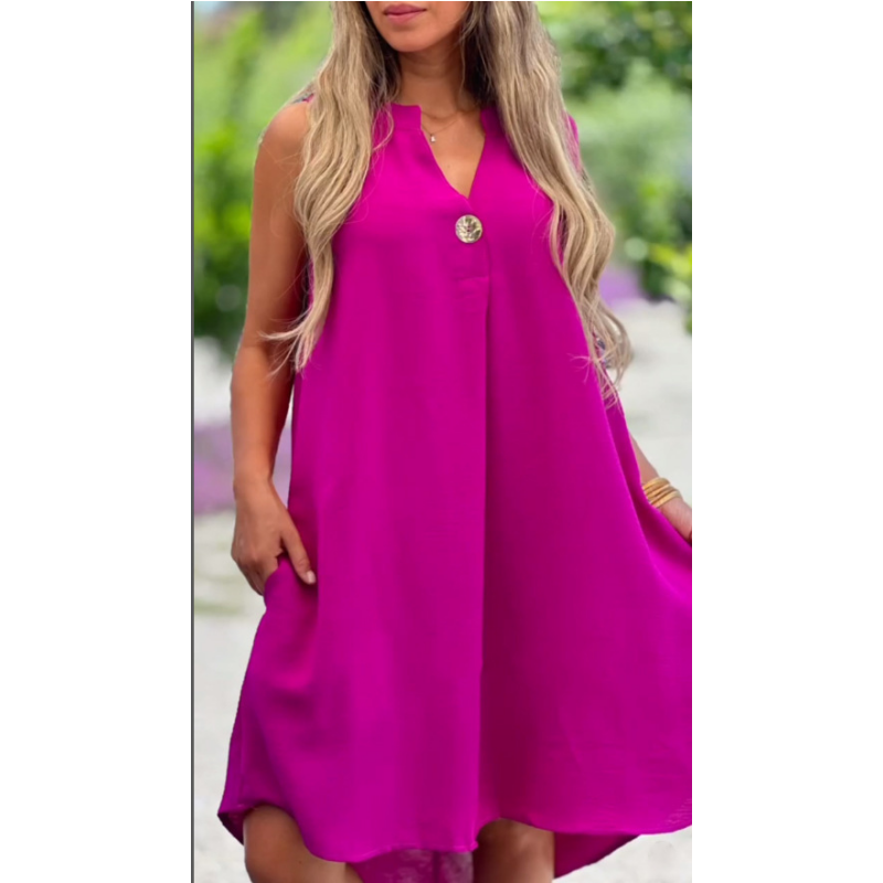 💖Limited Sale 50% OFF💖Solid Color Sleeveless V-Neck Dress with Button Decoration