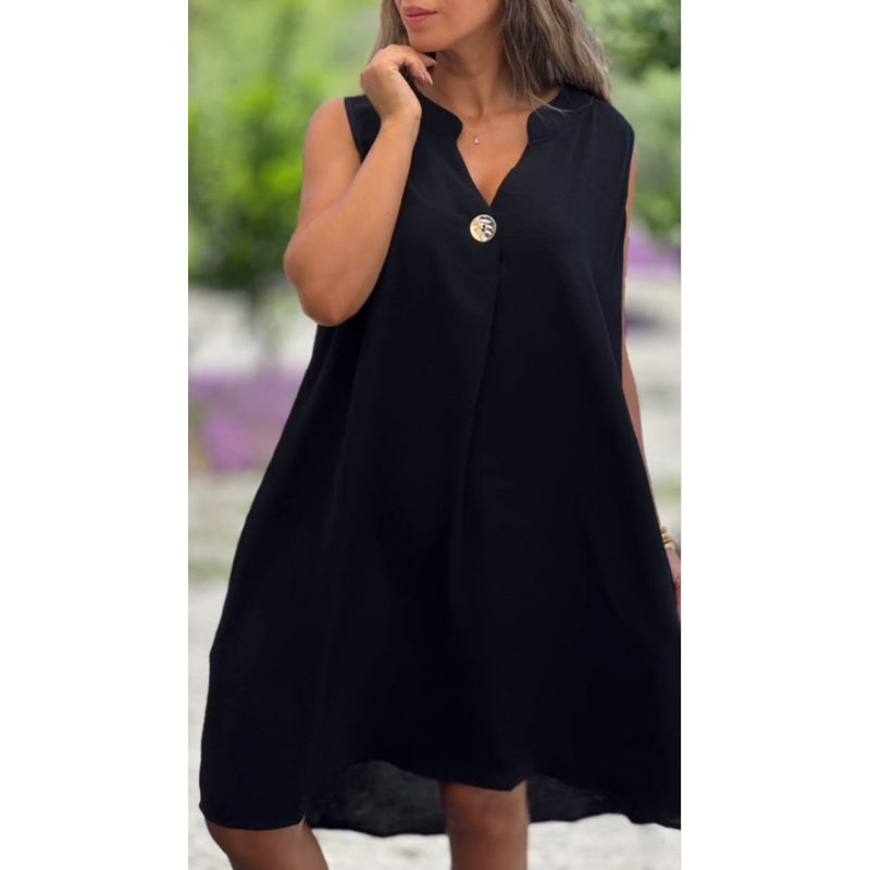 💖Limited Sale 50% OFF💖Solid Color Sleeveless V-Neck Dress with Button Decoration
