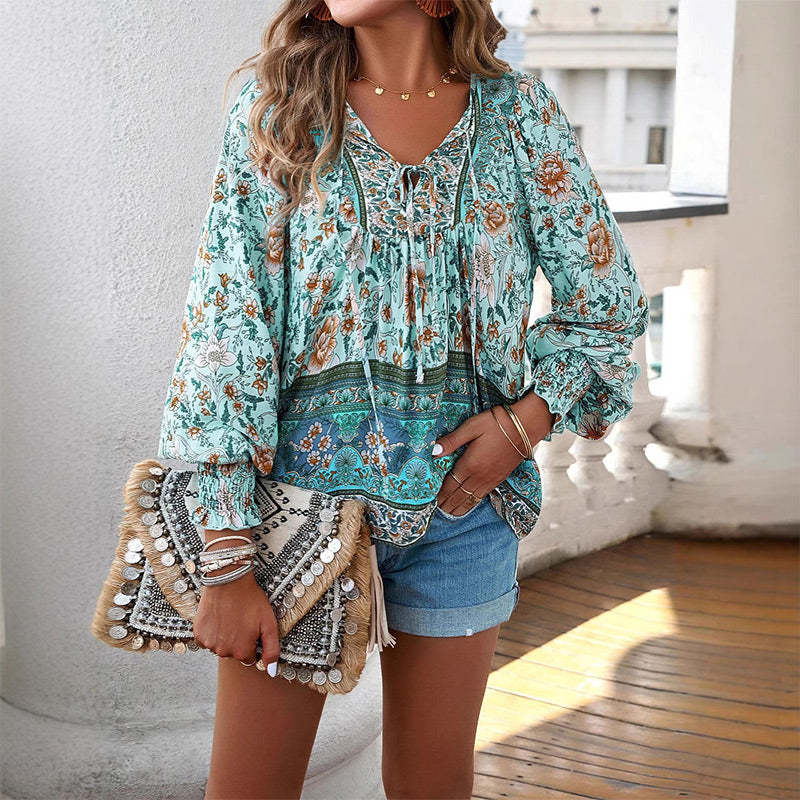 💖2025 New Products💖Women's Fashion Printed v-Neck Long Sleeve Shirt