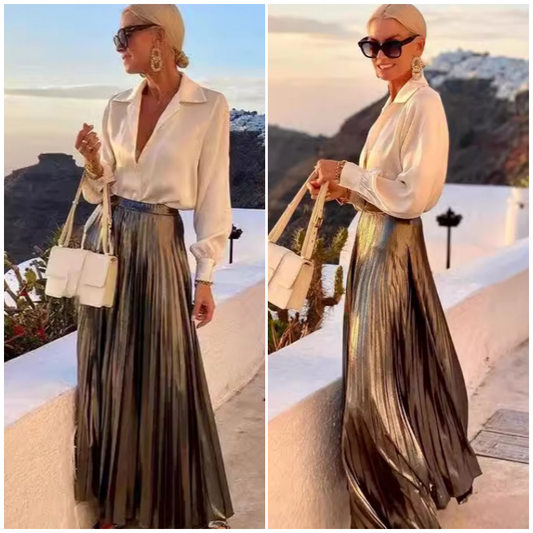 Women's White Shirt & Metallic Skirt Two-Piece Set