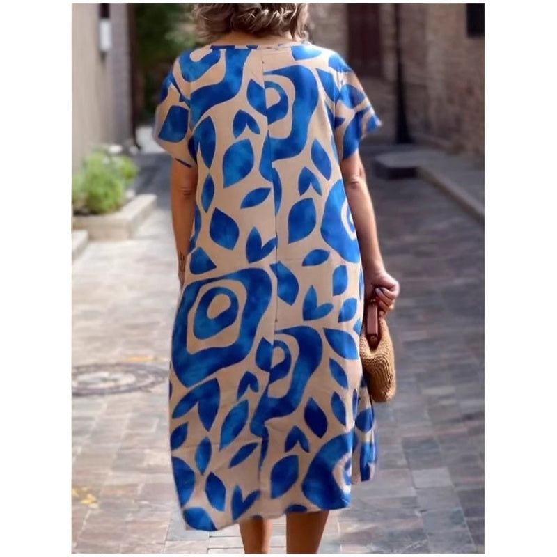 Women's Round Neck Printed Casual Loose Short Sleeve Dress