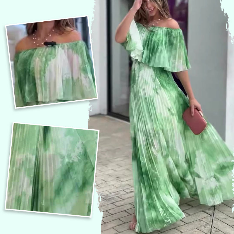 Women's Printed Pleated Off-shoulder Dress