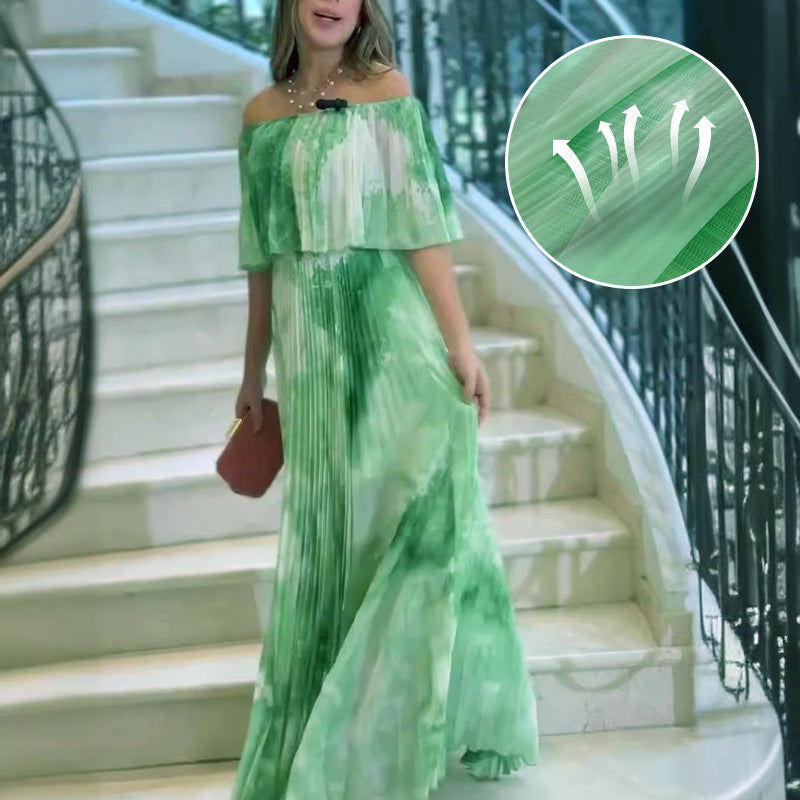 Women's Printed Pleated Off-shoulder Dress