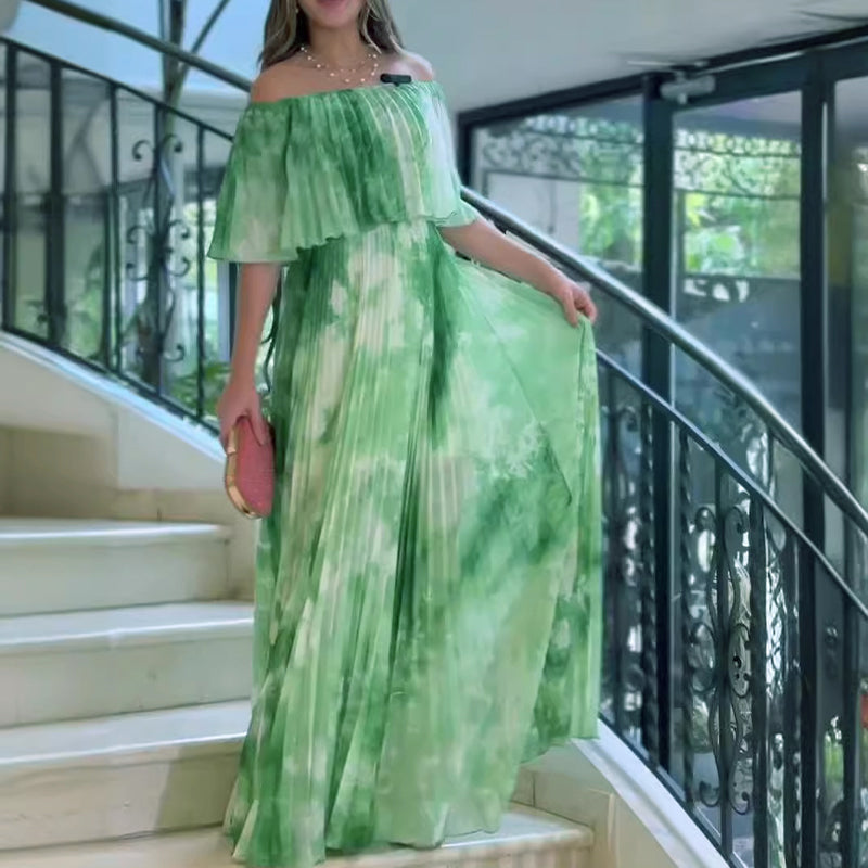 Women's Printed Pleated Off-shoulder Dress