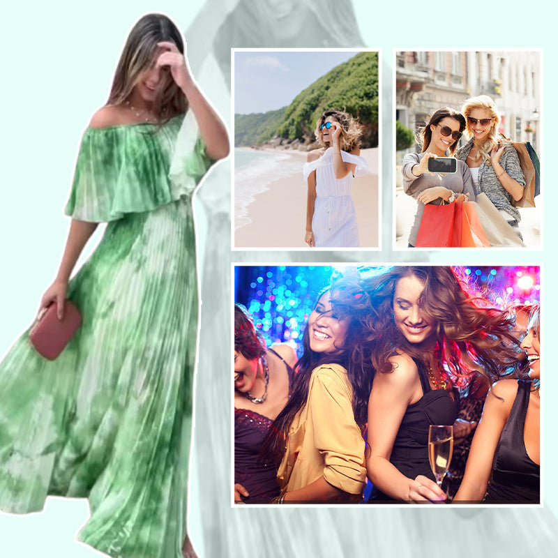 Women's Printed Pleated Off-shoulder Dress