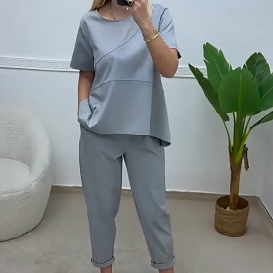 Women’s Solid Short-Sleeve Tops & Pants Two-Piece Set