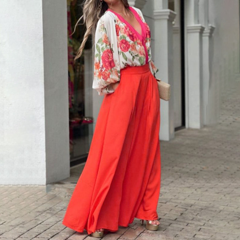 Romantic Rose Deep V-Neck Bubble Sleeves Top & Wide-Leg Pants Set
