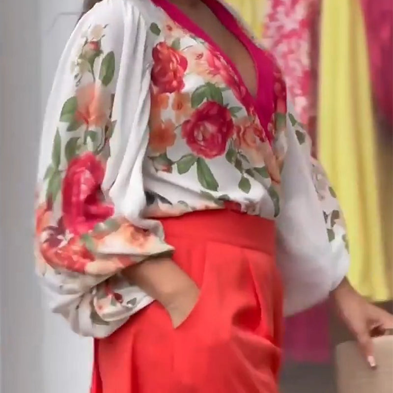 Romantic Rose Deep V-Neck Bubble Sleeves Top & Wide-Leg Pants Set