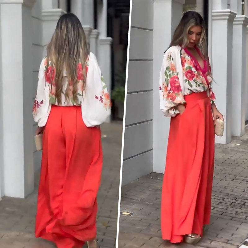 Romantic Rose Deep V-Neck Bubble Sleeves Top & Wide-Leg Pants Set