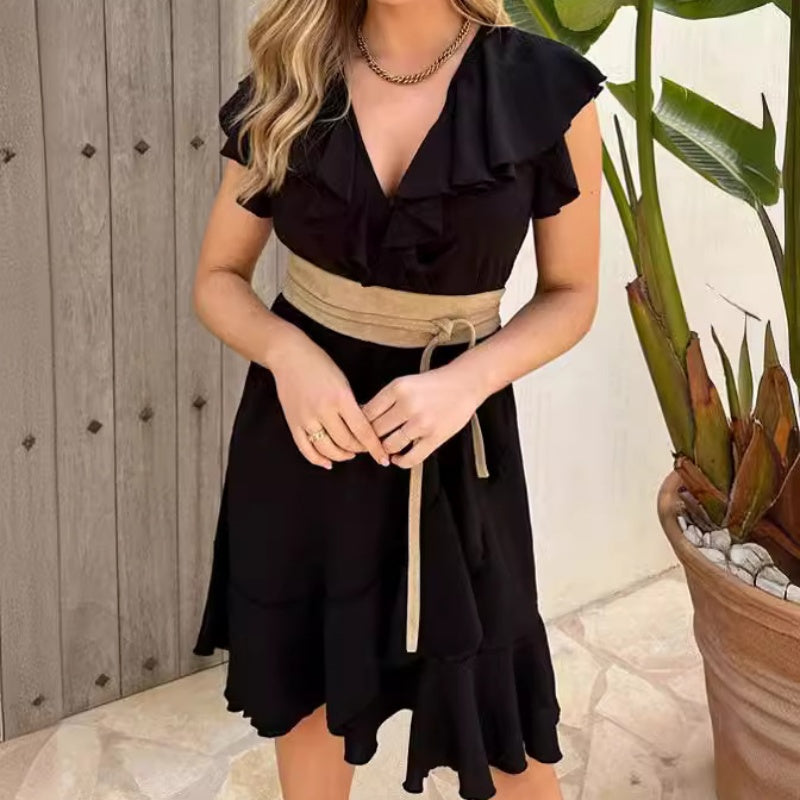 ❤️2025 New Products❤️Women's Elegant Waist Tie V-Neck Ruffle Dress