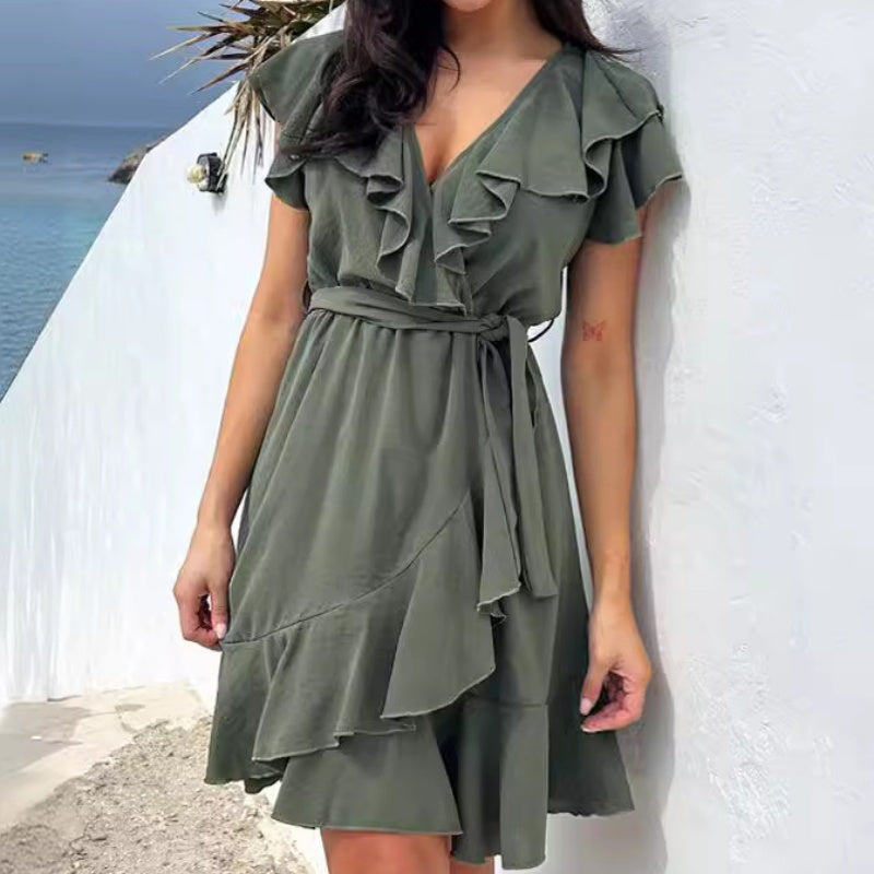 ❤️2025 New Products❤️Women's Elegant Waist Tie V-Neck Ruffle Dress