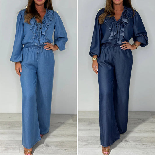 💙LAST DAY SALE 50% OFF🥰Women's Tiered Long-Sleeve Tops & Wide-Leg Pants Set