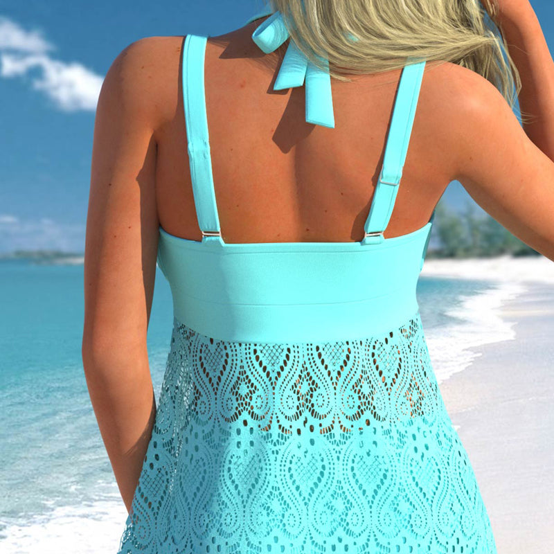 ✨Summer Hot Sale 🔥Women's V-Neck Lace Swimdress & Boyshorts Two-Piece Set