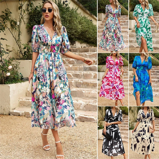 🔥New Summer Collection🎀Elegant Waist V-neck Printed Dress