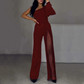 Women's One Shoulder Glitter Mesh Flared Jumpsuit
