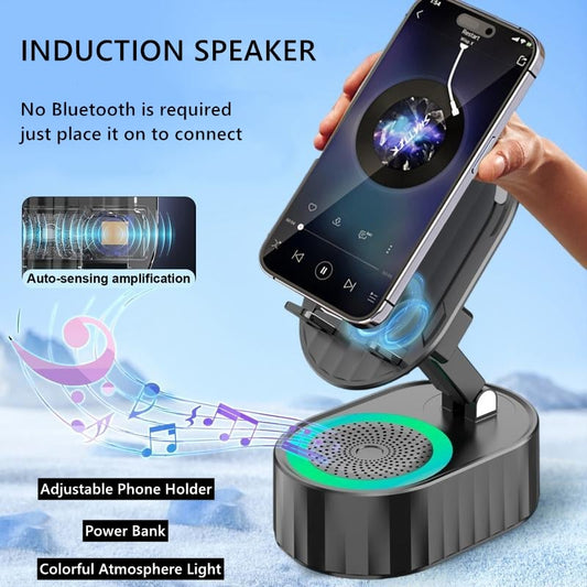 💥2025 Upgraded Cell Phone Stand with Induction Speaker/Power Bank/Atmosphere Light✨