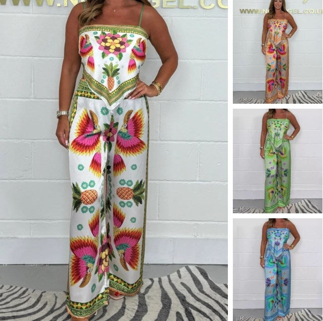 💝 Holiday Wardrobe💝-Spaghetti Strap Printed Top & Loose Women's Pants 2-Piece Set