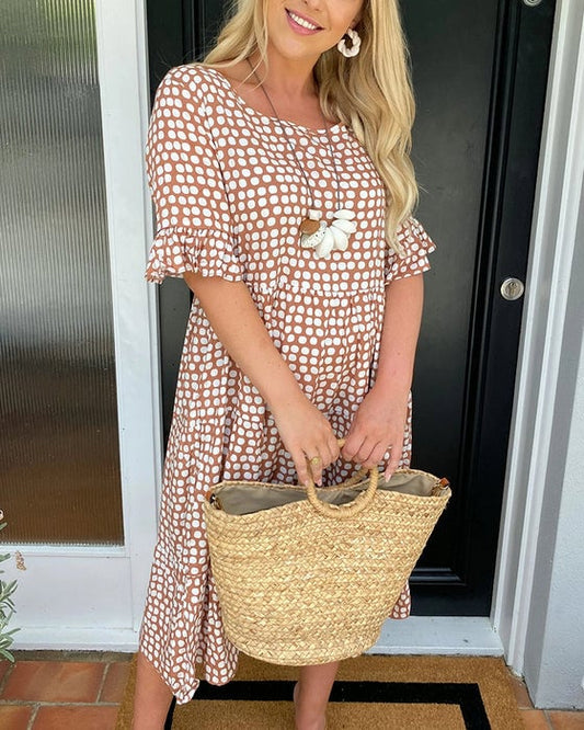 ☄️Summer Sale 50% OFF🎉Round Neck Polka Dot Print Midi Dress