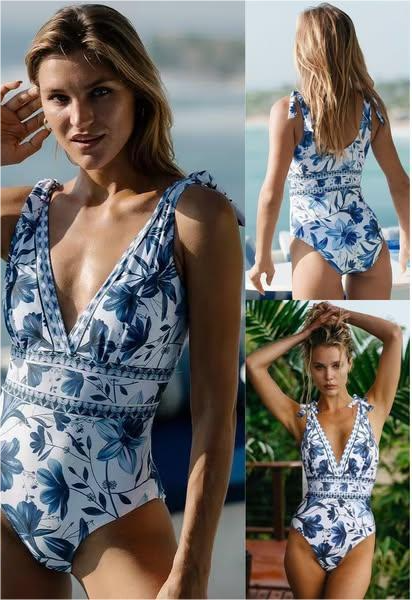 💃Special Sale 49% OFF🩱V Neck Lace Up Printed One Piece Swimsuit and Skirt