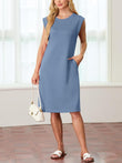 🔥Summer Sale 49% OFF💥Women Round Neck Loose Split Wrinkle-Free Midi Dress with Pockets