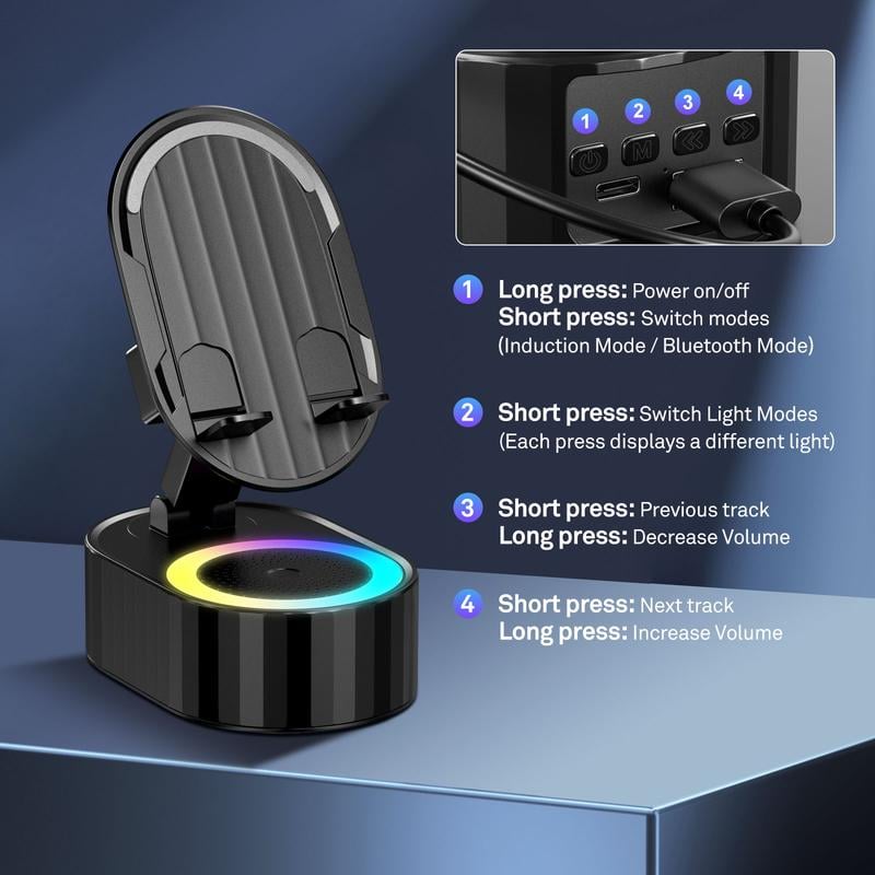 💥2025 Upgraded Cell Phone Stand with Induction Speaker/Power Bank/Atmosphere Light✨