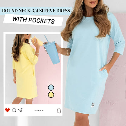 🔥 SUMMER SPECIAL Round Neck 3/4 Sleeve Dress with Pockets