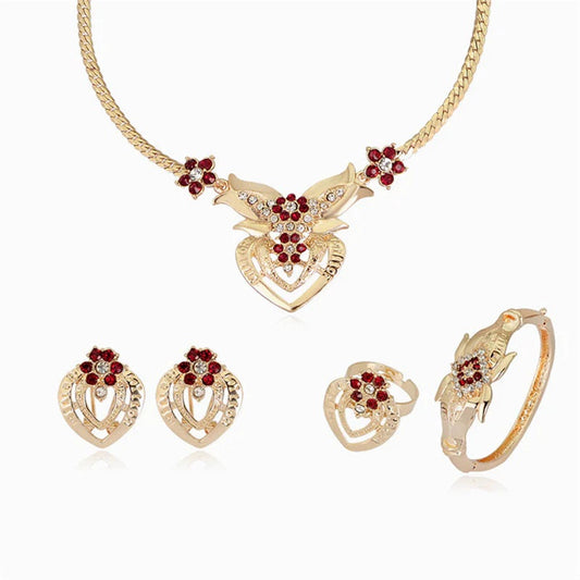 Elegant Ladies Red Flower Rhinestone Jewelry Set