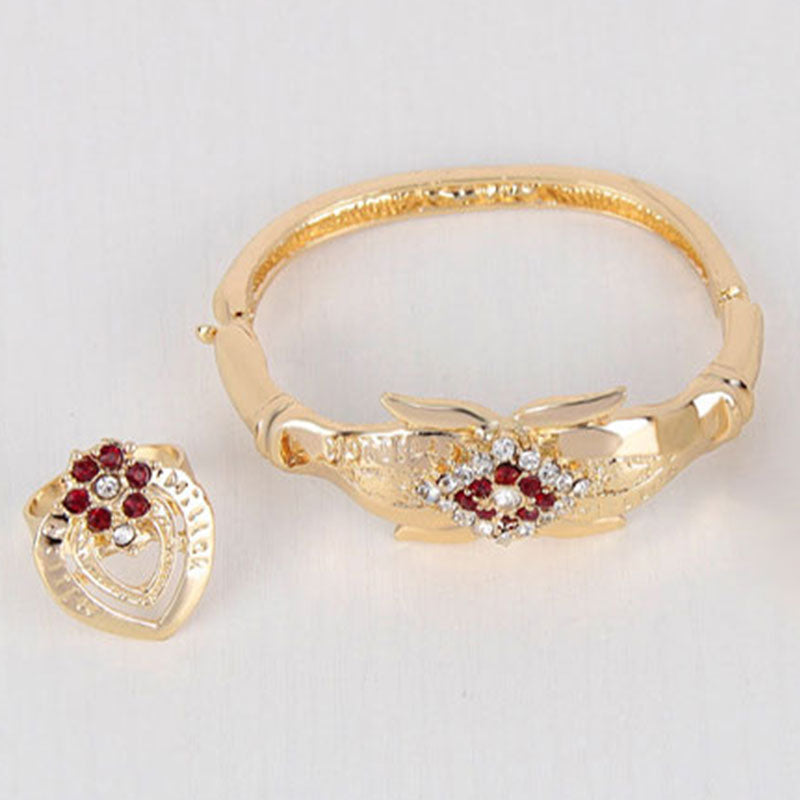 Elegant Ladies Red Flower Rhinestone Jewelry Set