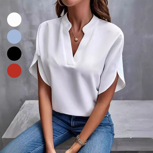 🌈2025 New Product🔥Women's V-neck solid color short sleeve top