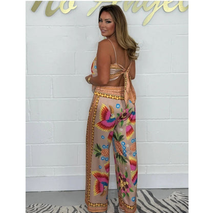 💝 Holiday Wardrobe💝-Spaghetti Strap Printed Top & Loose Women's Pants 2-Piece Set