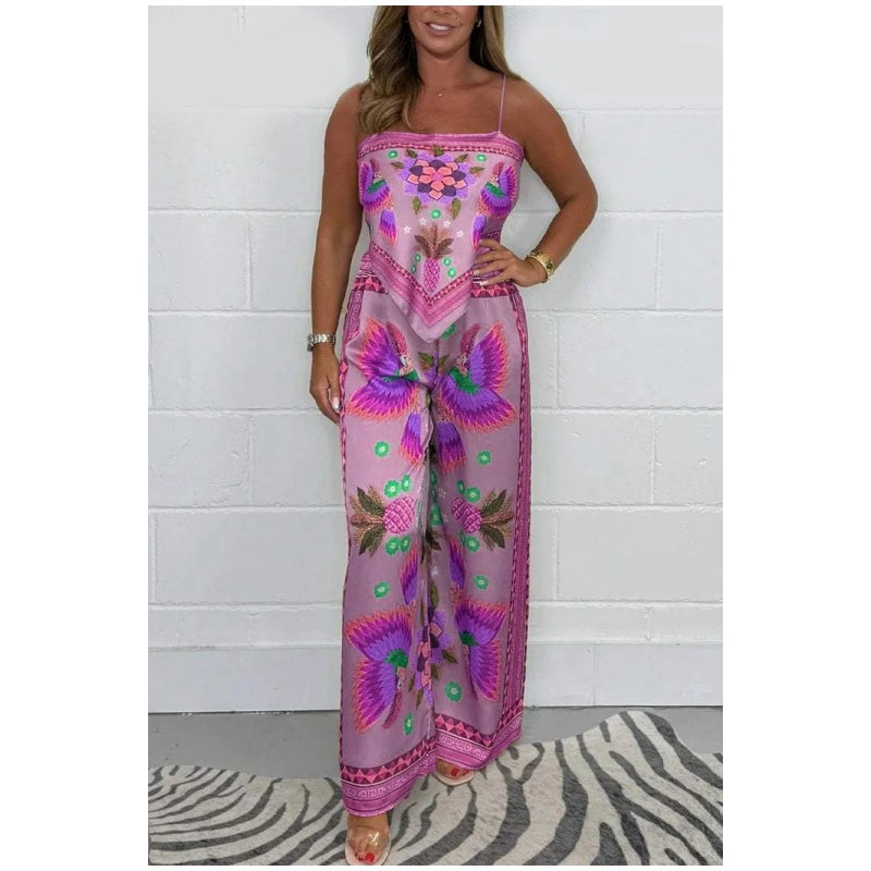 💝 Holiday Wardrobe💝-Spaghetti Strap Printed Top & Loose Women's Pants 2-Piece Set